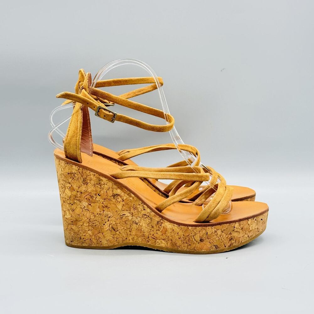 K Jacques Sandals Womens 8 Brown Suede Saint Tropez Cork Platform Wedge Shoes